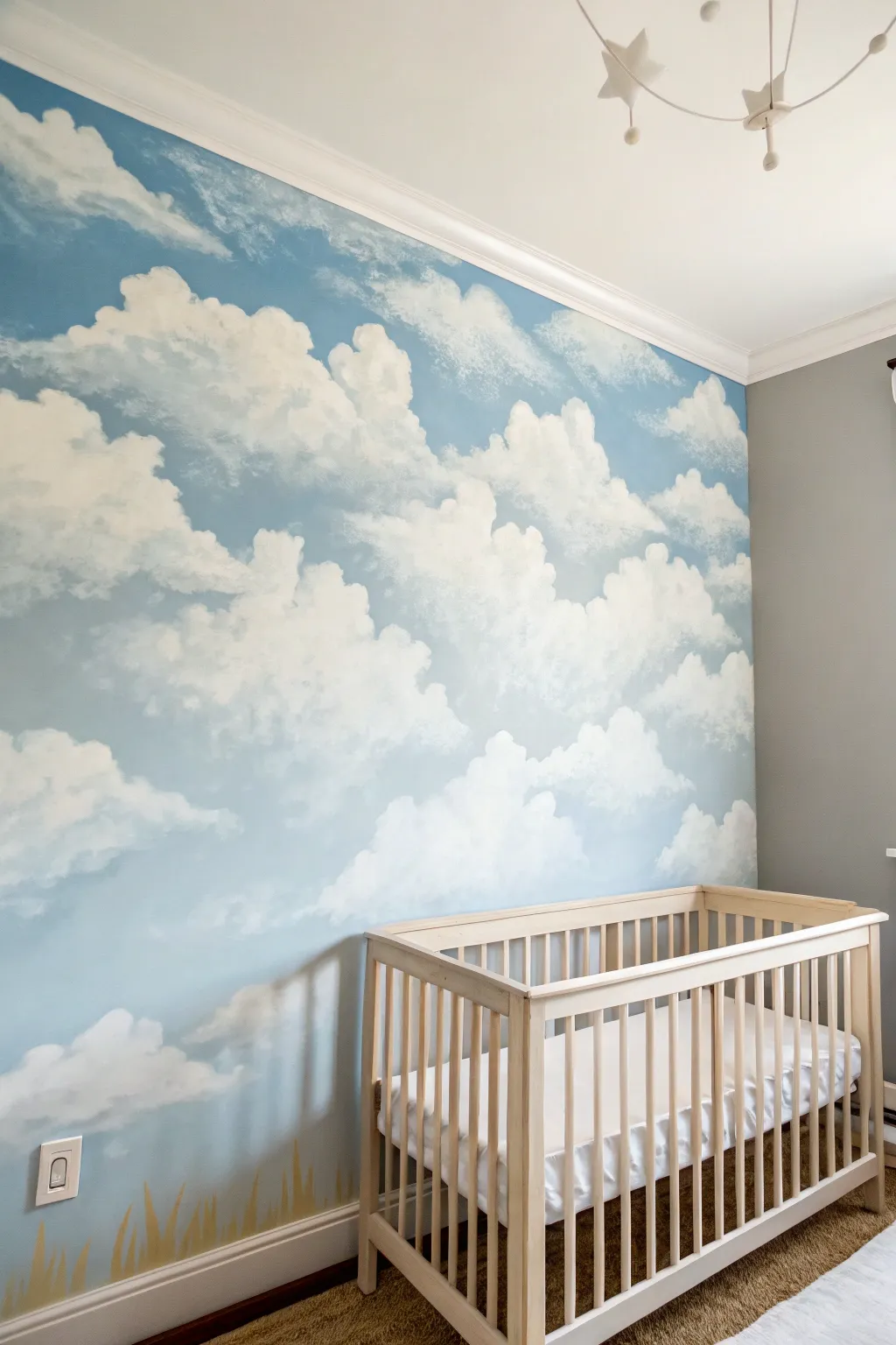 Soft sky gradient and fluffy clouds create a dreamy nursery backdrop with calm Scandinavian charm