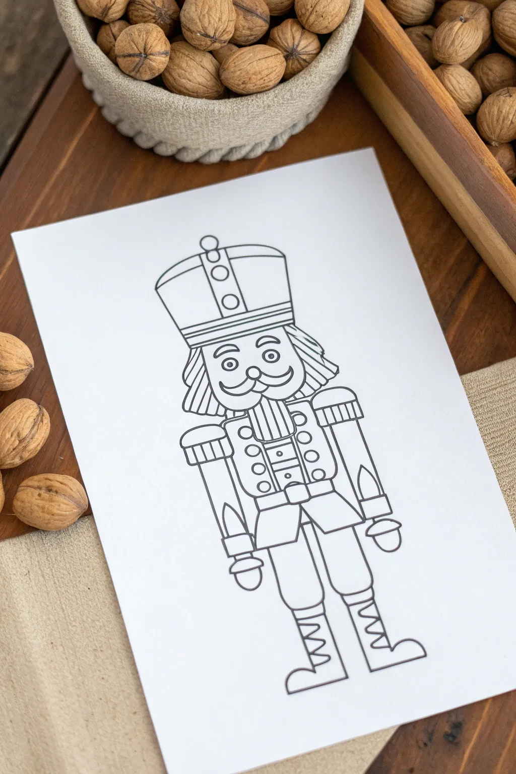 Simple nutcracker line art with thick outlines and big open spaces, perfect for easy coloring