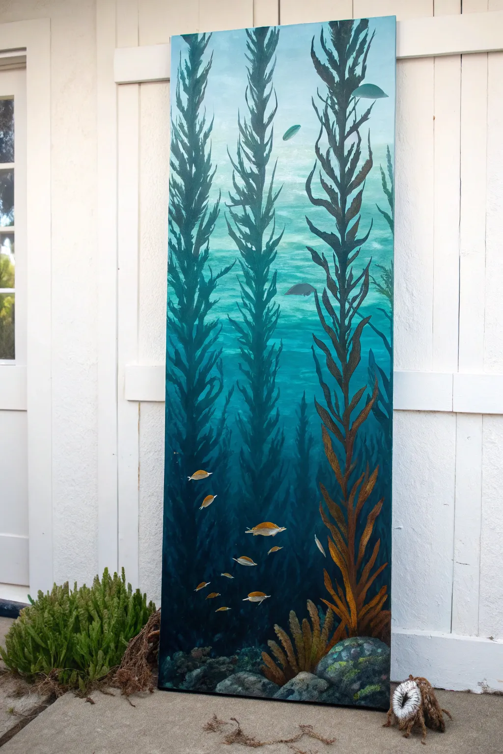 Underwater kelp forest depth in bold, minimalist hues with handcrafted brush texture and contrast