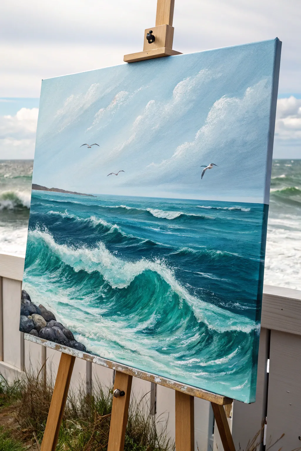 Minimal ocean sky painting with seagulls, bold blues and soft clouds for windy coastal vibes.