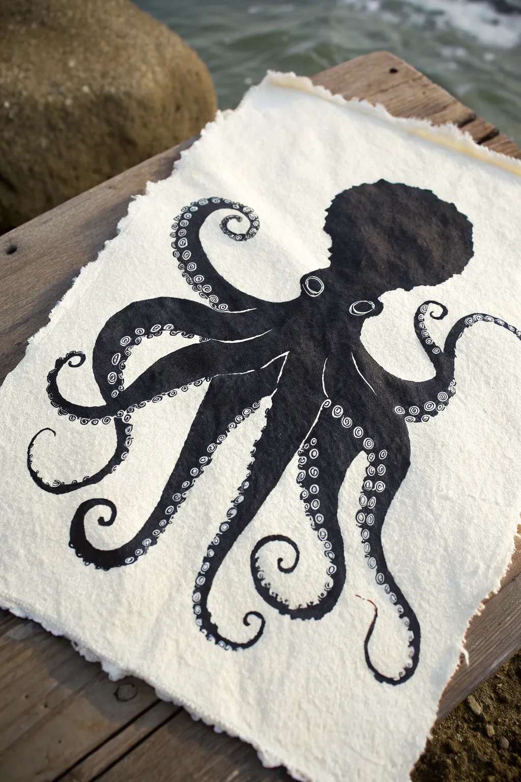 Ink-wash octopus silhouette with blooming edges, crisp tentacles, and a minimalist undersea mood