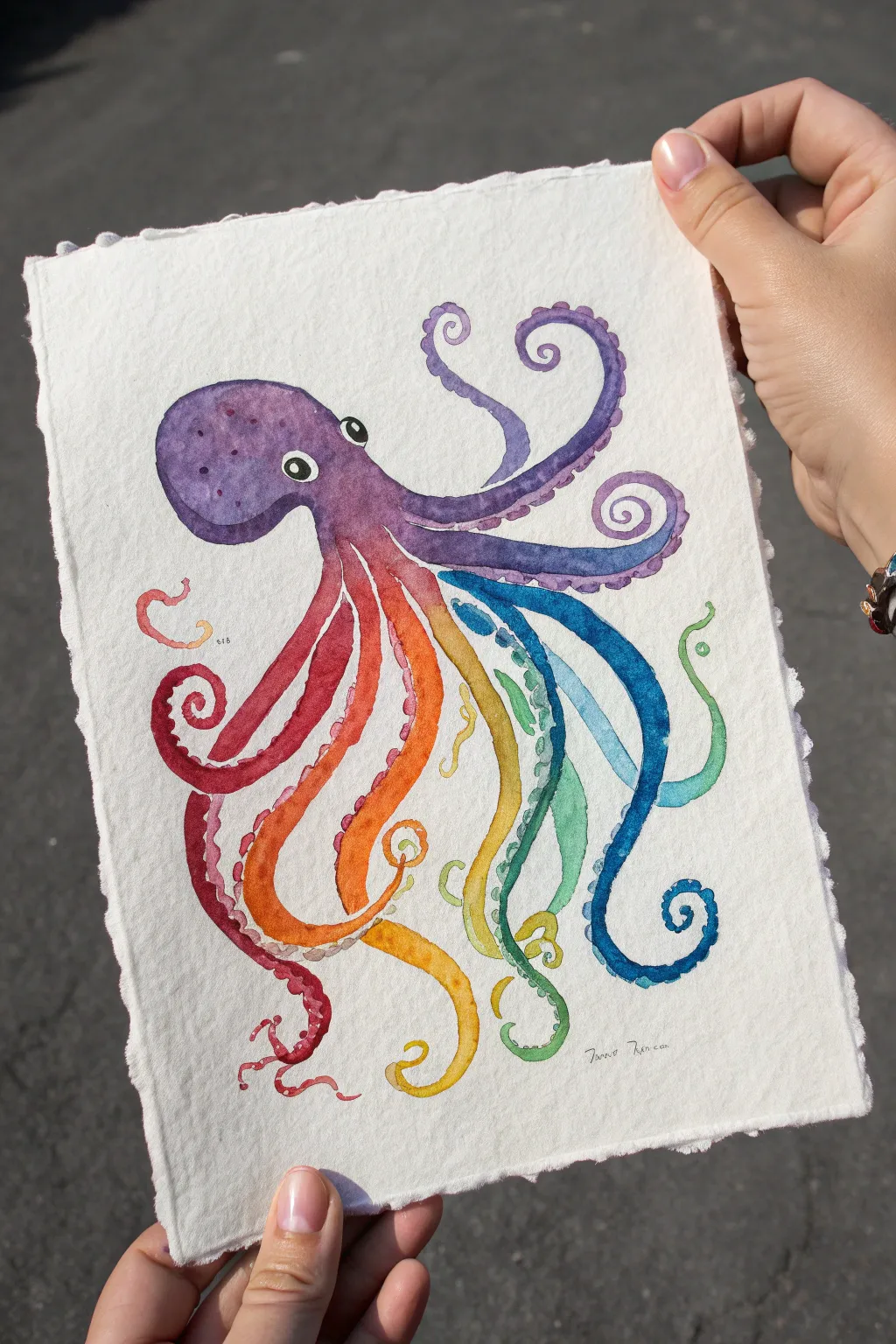 Playful rainbow octopus painting with bold tentacles on a clean minimalist pale backdrop