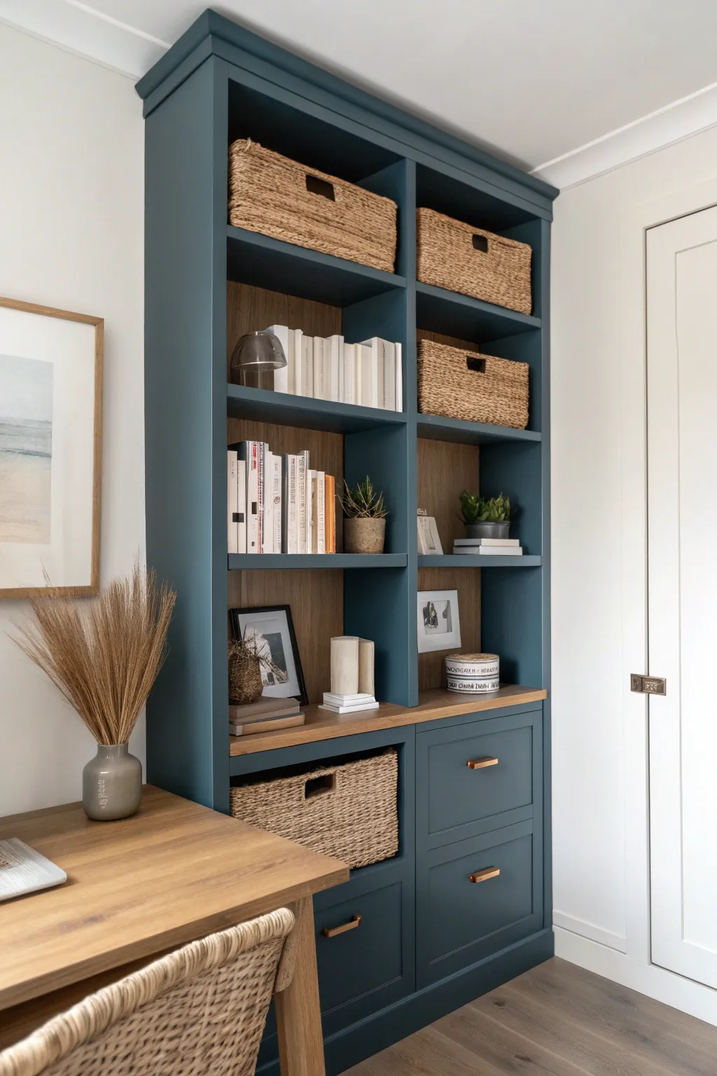Contrasting painted shelves make the office feel defined, cozy, and curated with minimal effort.