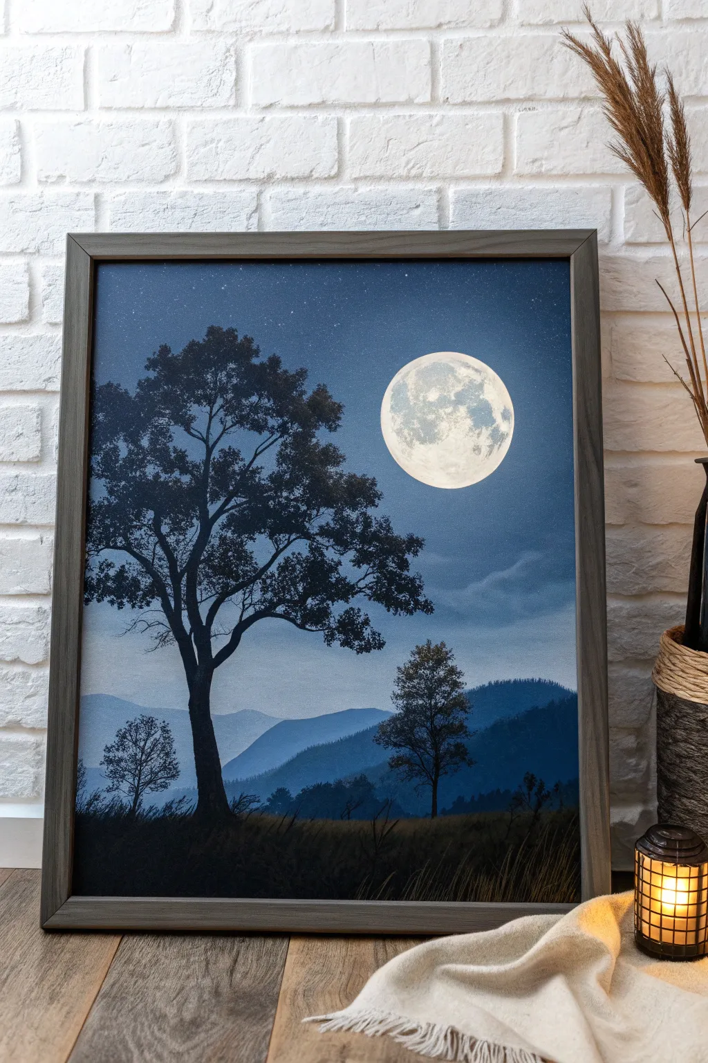 Moonlit blues and blue-grays with a warm accent glow, minimalist oil painting inspiration.