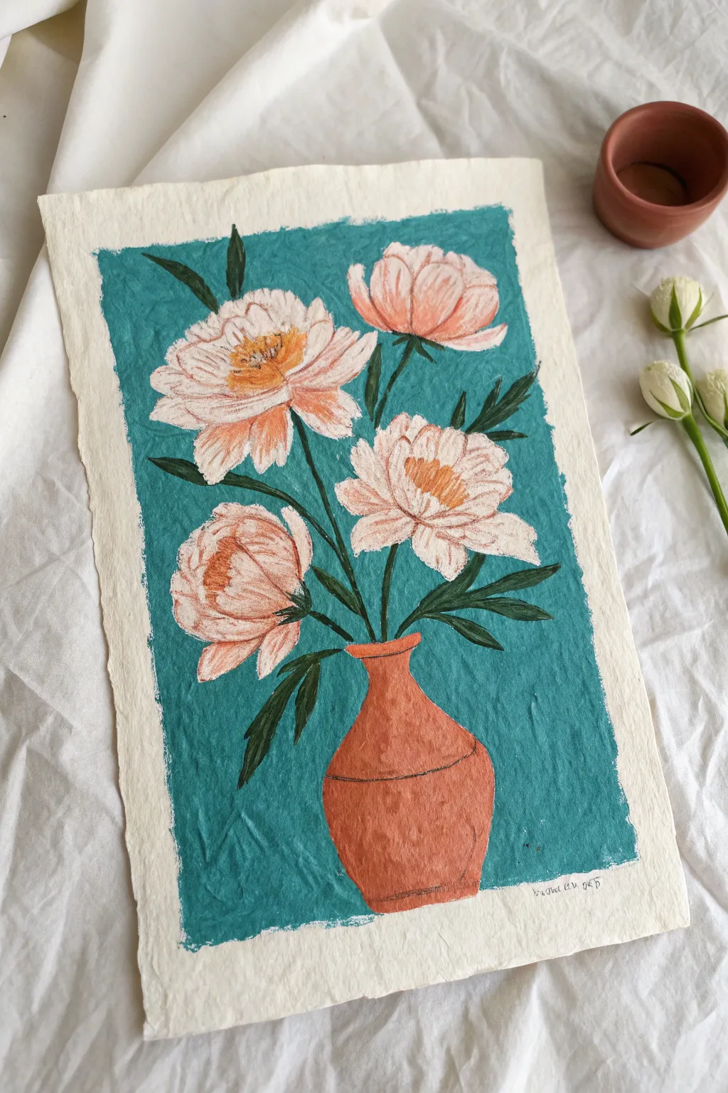 Creamy oil pastel flowers in a simple vase, bold color contrast and satisfying layered petal texture