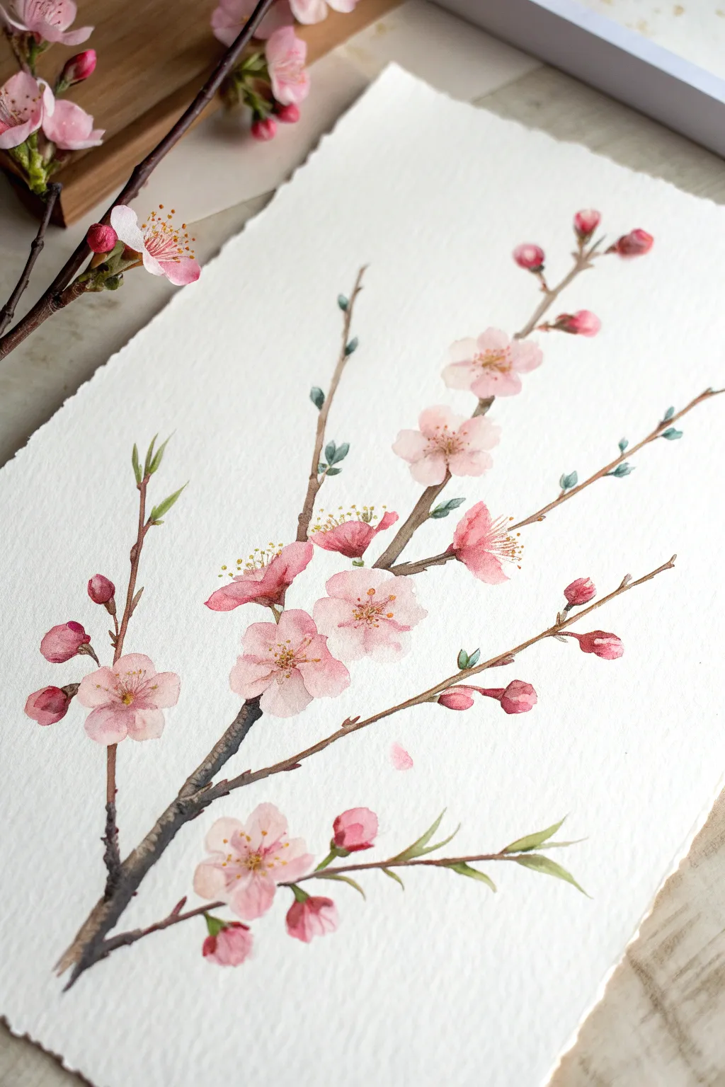Quick one-stroke cherry blossom branch painting, bold pink petals on bright white paper