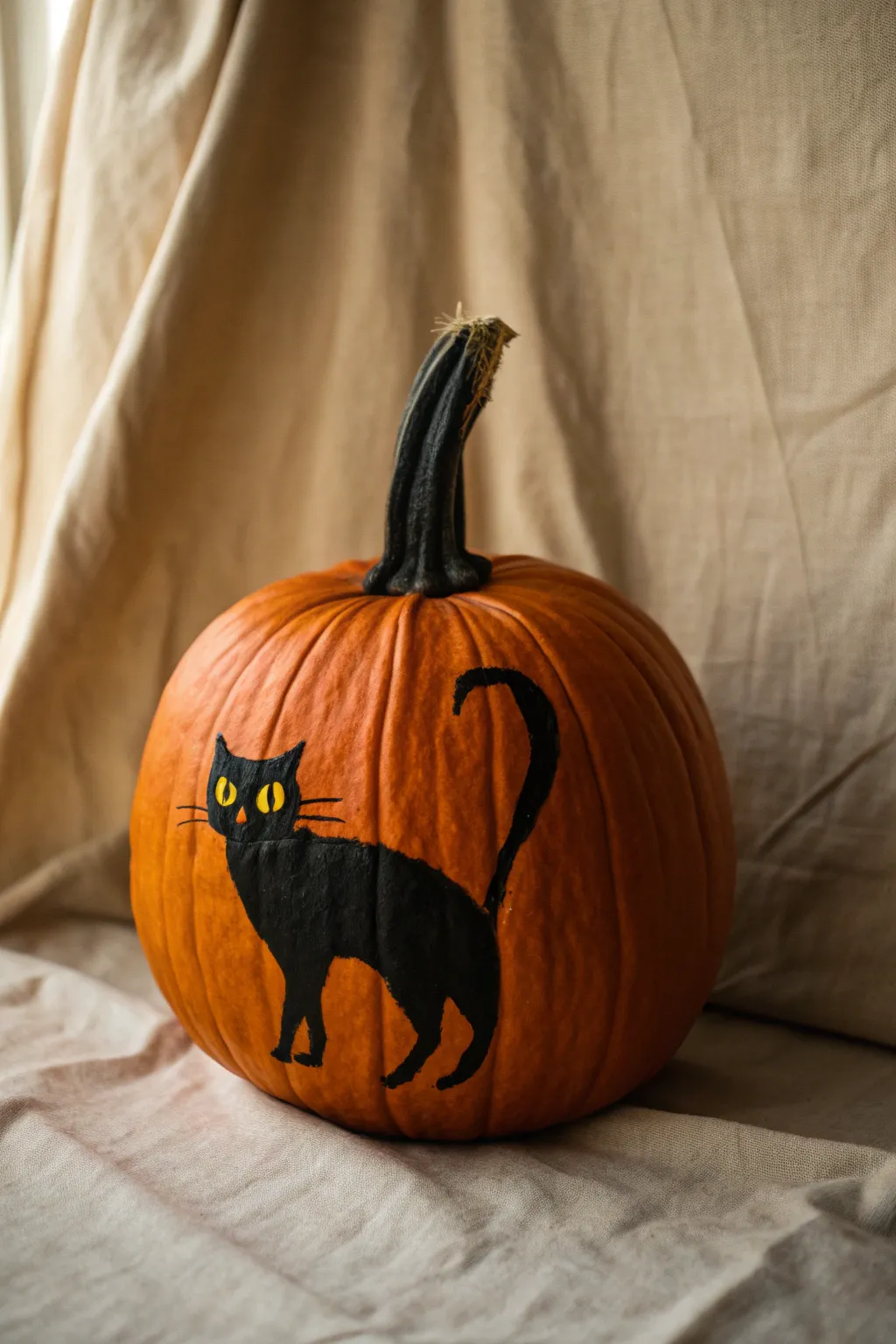 Moody orange pumpkin with a bold black cat silhouette and bright yellow eyes for contrast