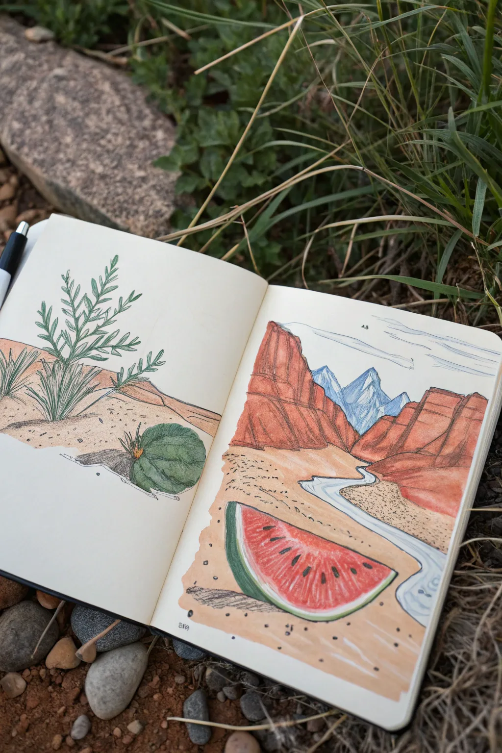 Turn fruit into a tiny world: sketch a slice as mountains, rivers, and crumbly cliffs.