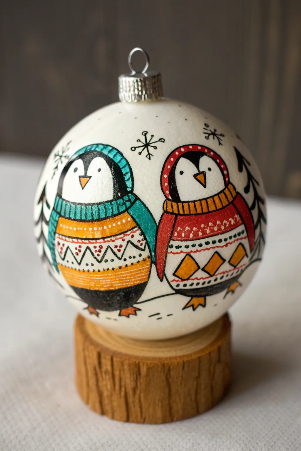 Penguins in patterned sweaters bring cozy charm to a bold, minimalist ornament painting idea