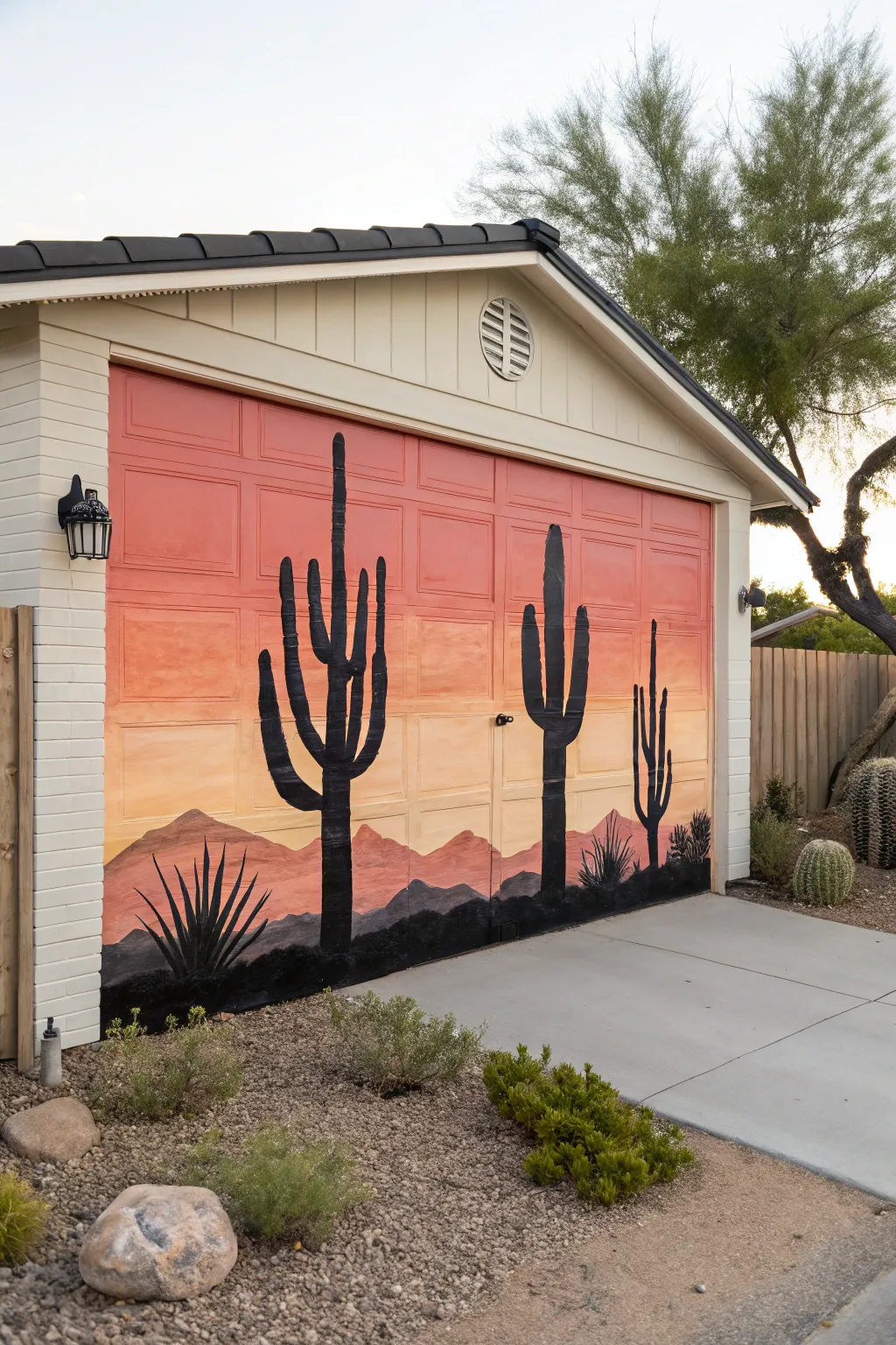 Desert cactus sunset mural for a garage wall, bold gradient glow with minimalist silhouettes
