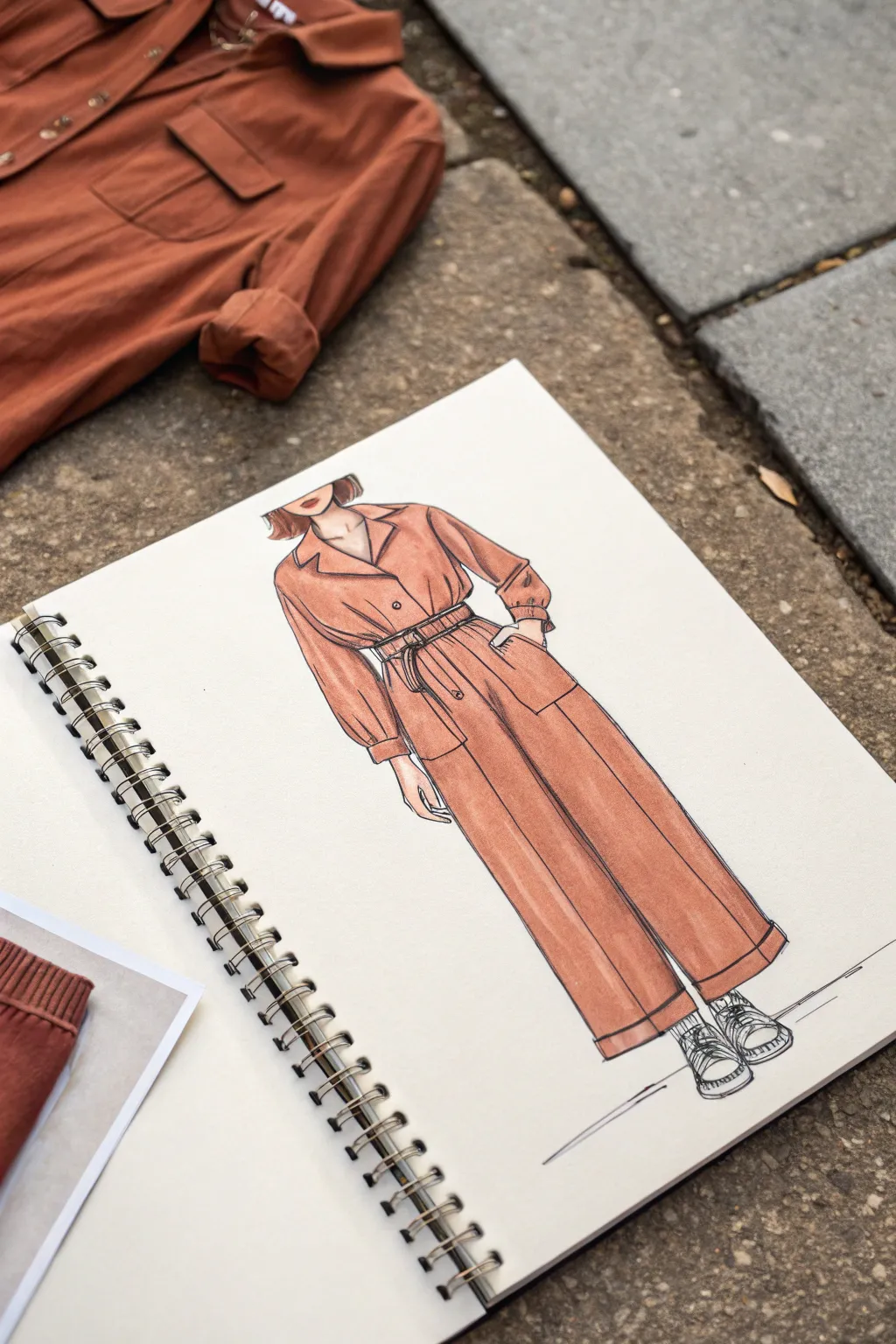 Monochrome outfit sketch in bold terracotta tones, showing 5 value steps for light and shadow