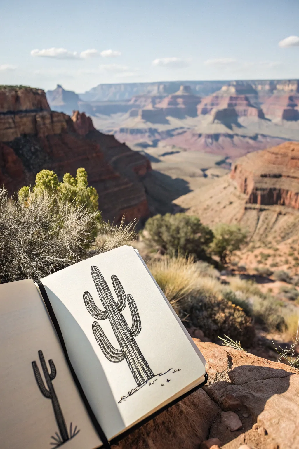 Desert cactus sketch idea with bold shadows and layered canyon shapes in warm minimalist colors
