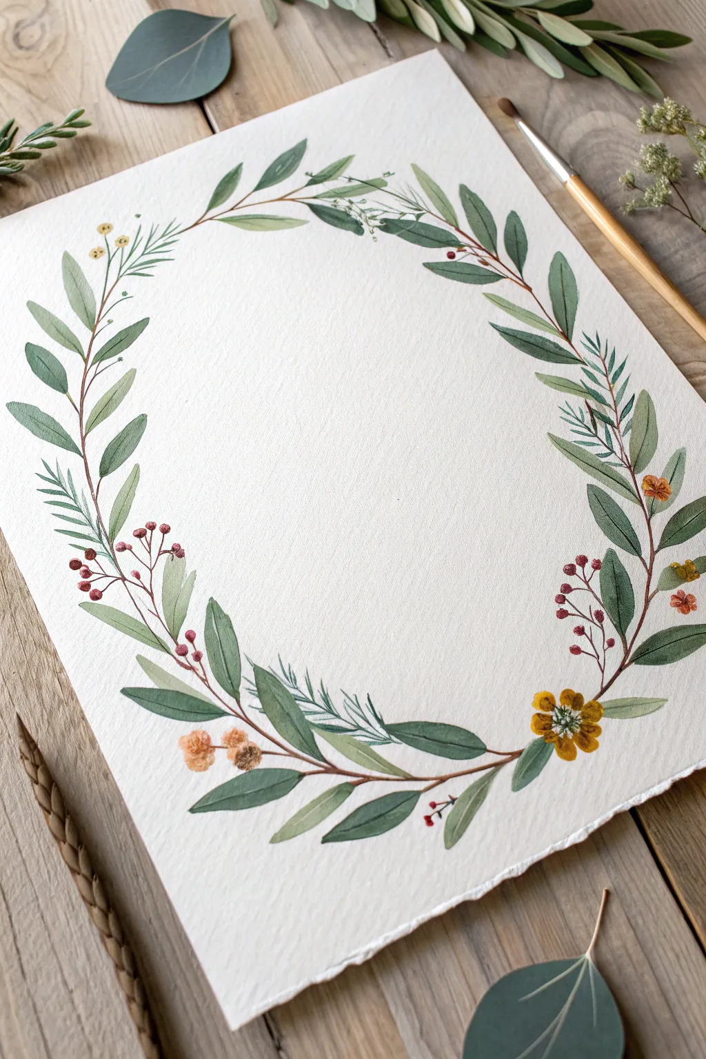 Oval botanical wreath painting: bold leaves and tiny blooms framing an airy minimalist center