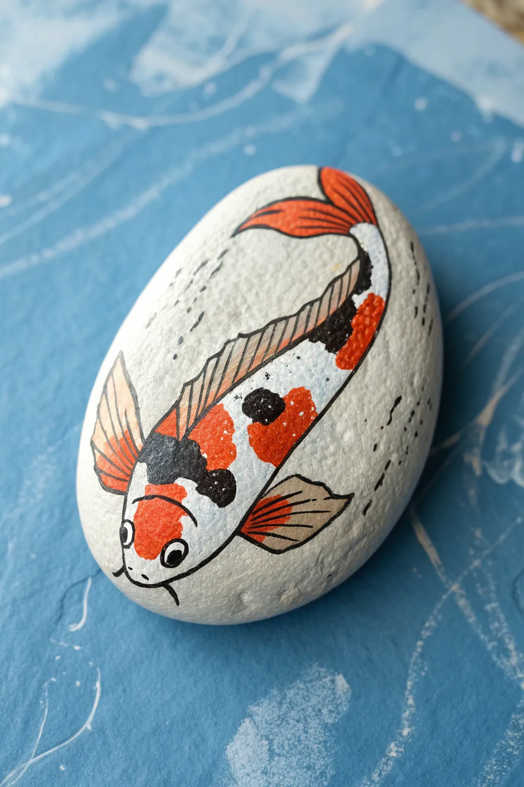 Oval koi rock painting with flowing fins, bold orange on calm blue ripples for serene vibes