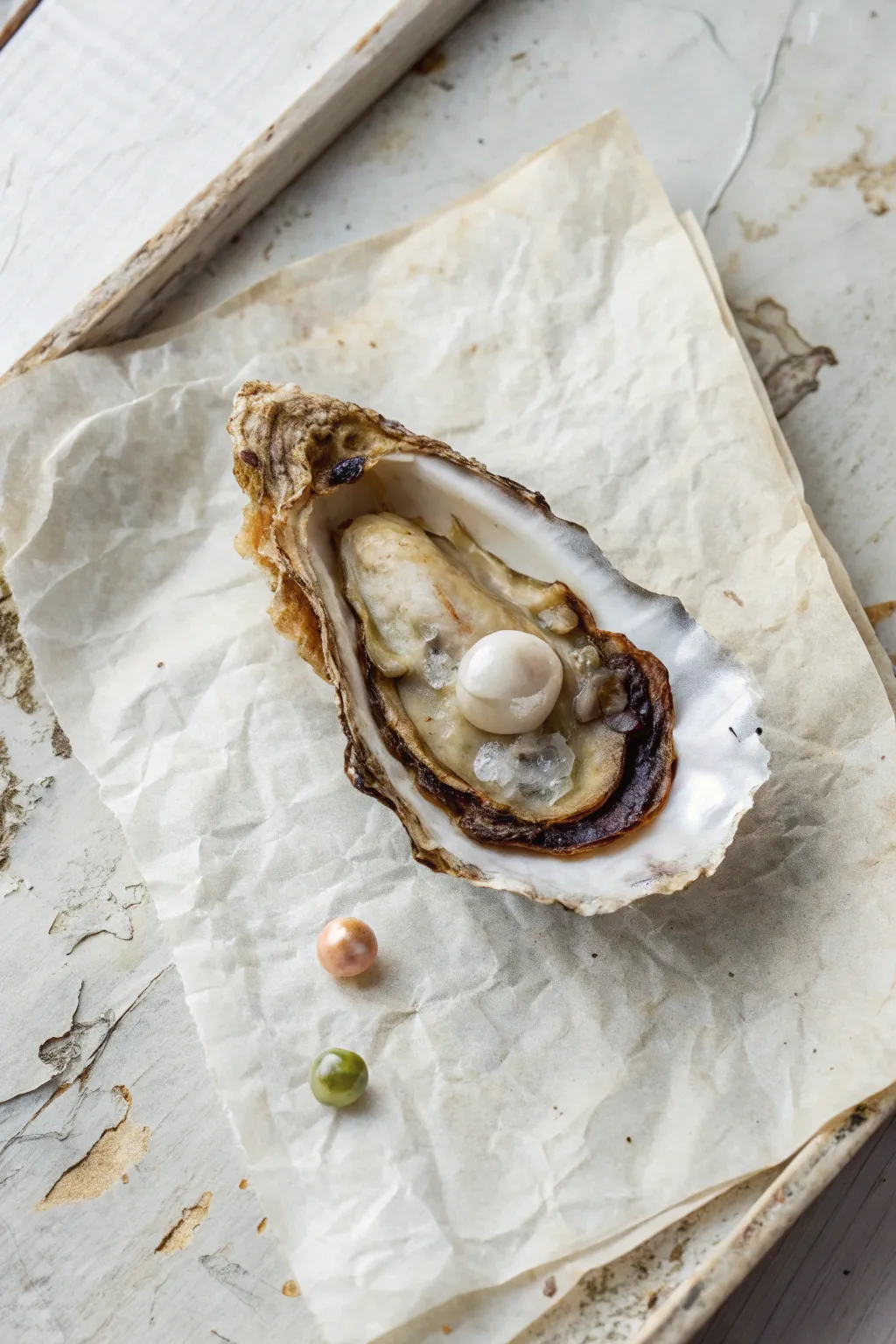 Vintage oyster market illustration vibe in bold coastal hues, minimalist Scandinavian with boho craft