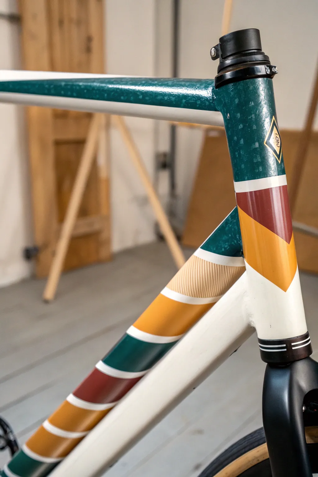 Crisp color-blocked bike tubes in bold earthy hues for a modern minimalist repaint idea