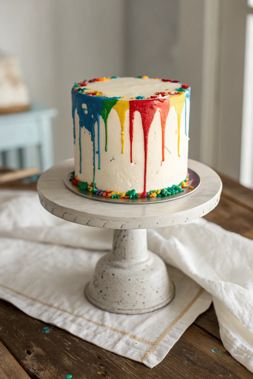 Glossy paint puddle cake with bold splat accents, minimalist Scandinavian styling and high contrast.