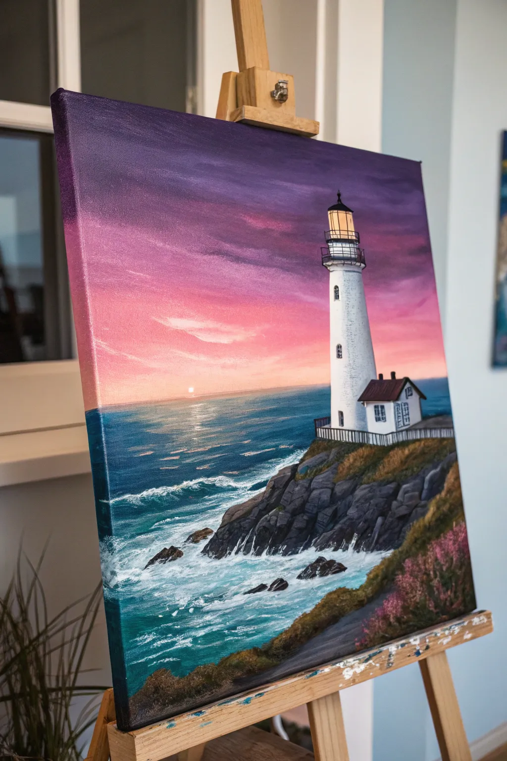 Coastal lighthouse at dusk with simple wave strokes, bold contrast, and minimalist charm