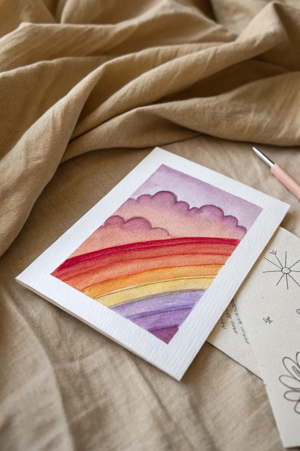 Smooth rainbow paint pen bands topped with crisp line art for a bold minimalist drawing idea.