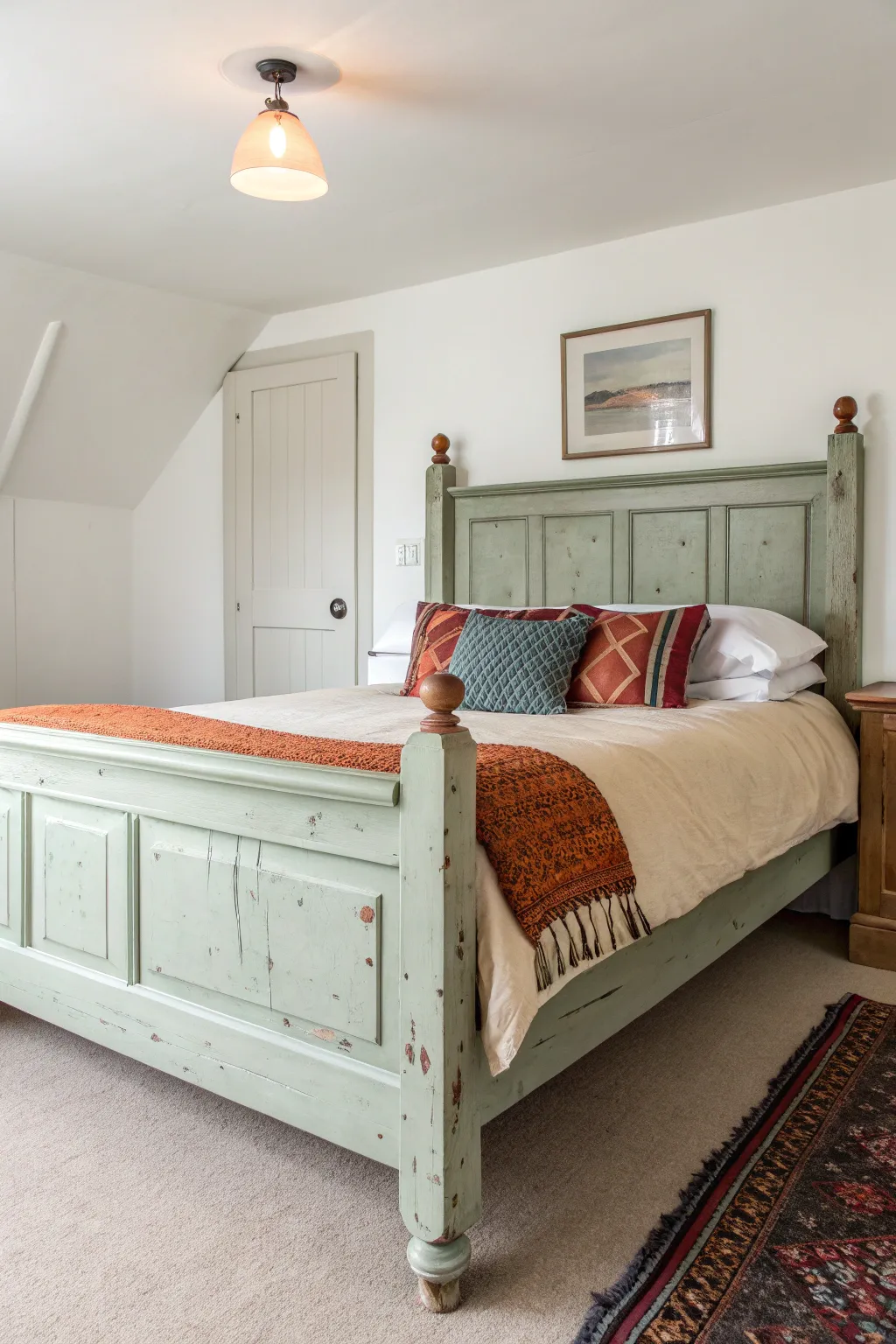 Distressed sage painted bed with cozy quilt layers, minimalist boho styling, and bold color contrast.