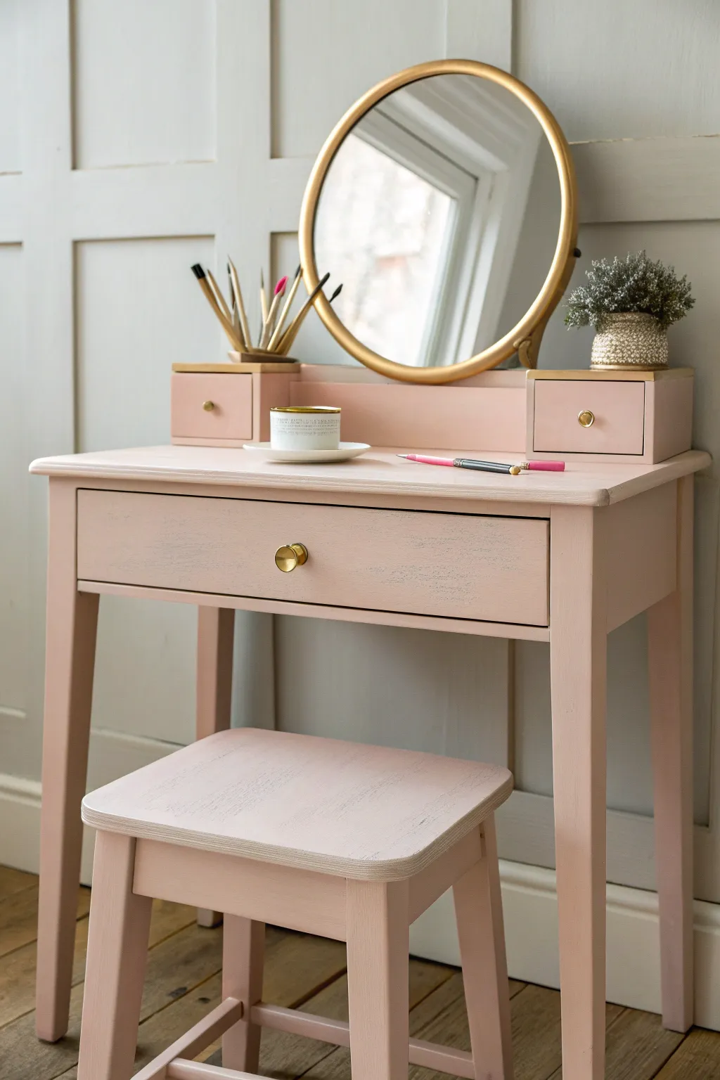 Soft blush painted vanity with clean lines and a calm neutral backdrop for a gentle pop