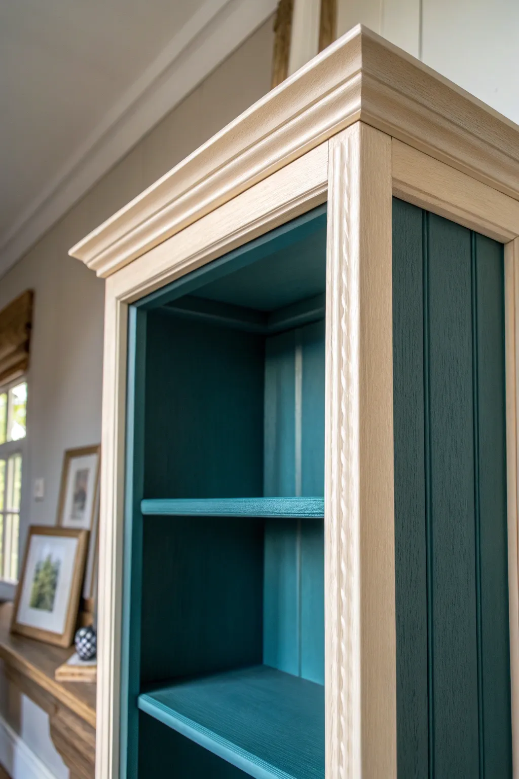 Two-tone trim makes a painted bookcase pop with a crisp, modern Scandinavian edge.