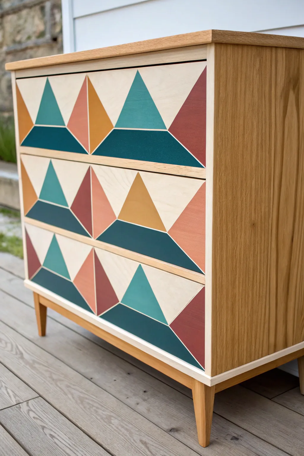 Bold geometric color-blocked chest front for a modern Scandinavian minimalist boho statement