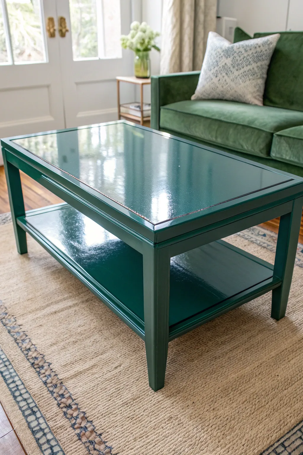 High-gloss painted coffee table catching soft window light for a sleek modern shine