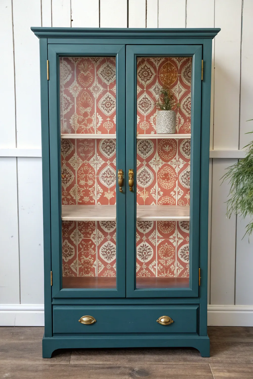 Painted curio cabinet with bold wallpaper back panel, styled minimally so the pattern shines