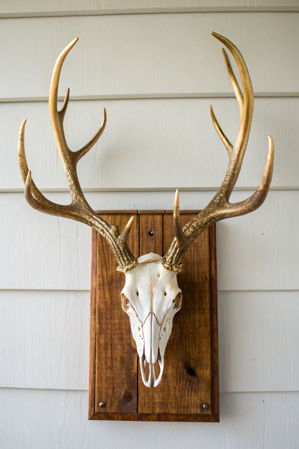 Gilded antlers transform a natural deer skull mount into a luxe minimalist statement.