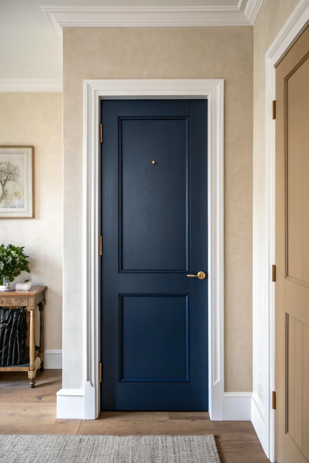 Midnight navy door with bright trim for an instant high-contrast, minimalist Scandinavian pop.