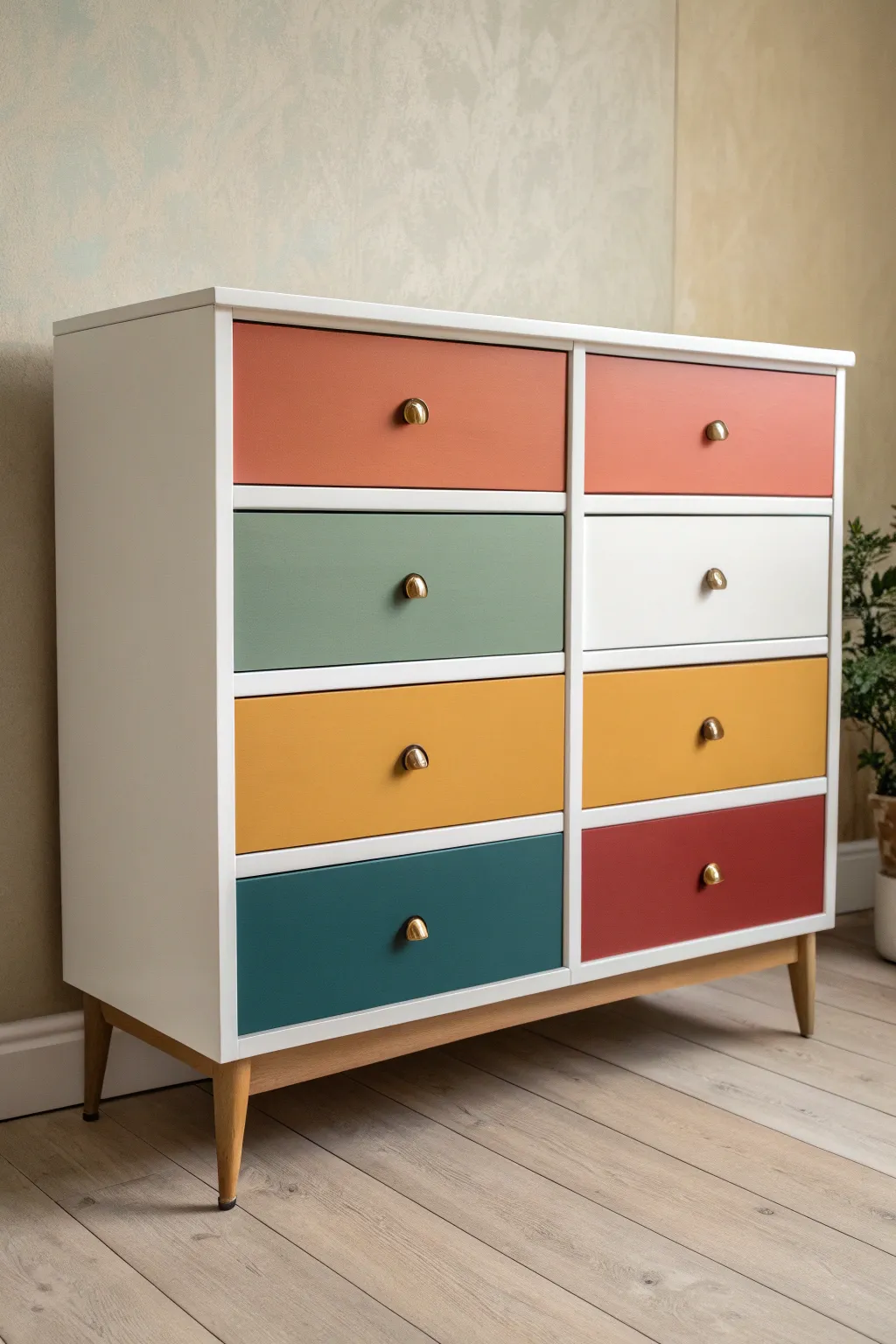 Modern color-block drawer fronts with crisp taped edges and minimalist pulls in bold, calm tones