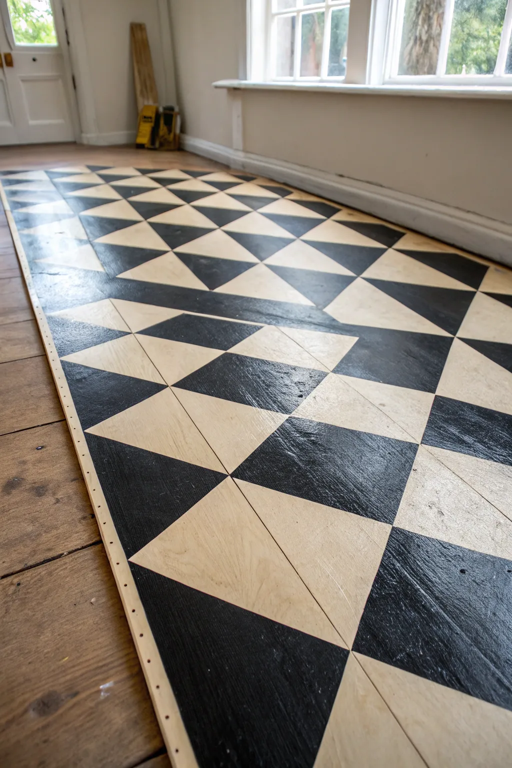 Harlequin diamonds in black and cream turn humble plywood into a bold, chic statement floor.