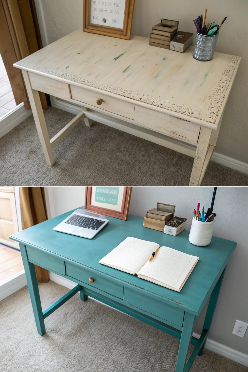 Laminate desk glow-up: scuffed laminate to sleek teal, flawless coverage and tidy minimalist styling