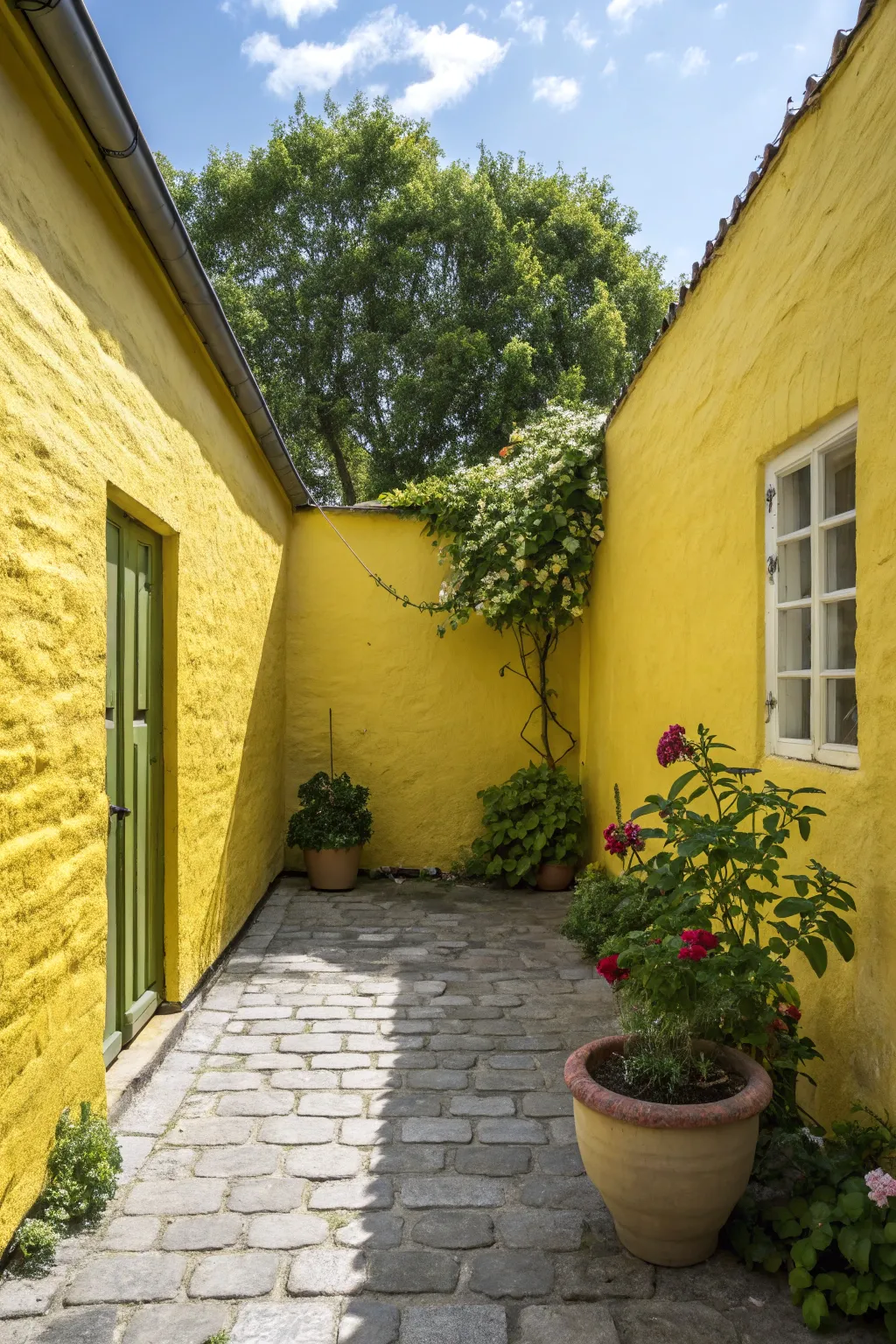 Chartreuse garden wall makes foliage and blooms pop in a calm Scandinavian courtyard.