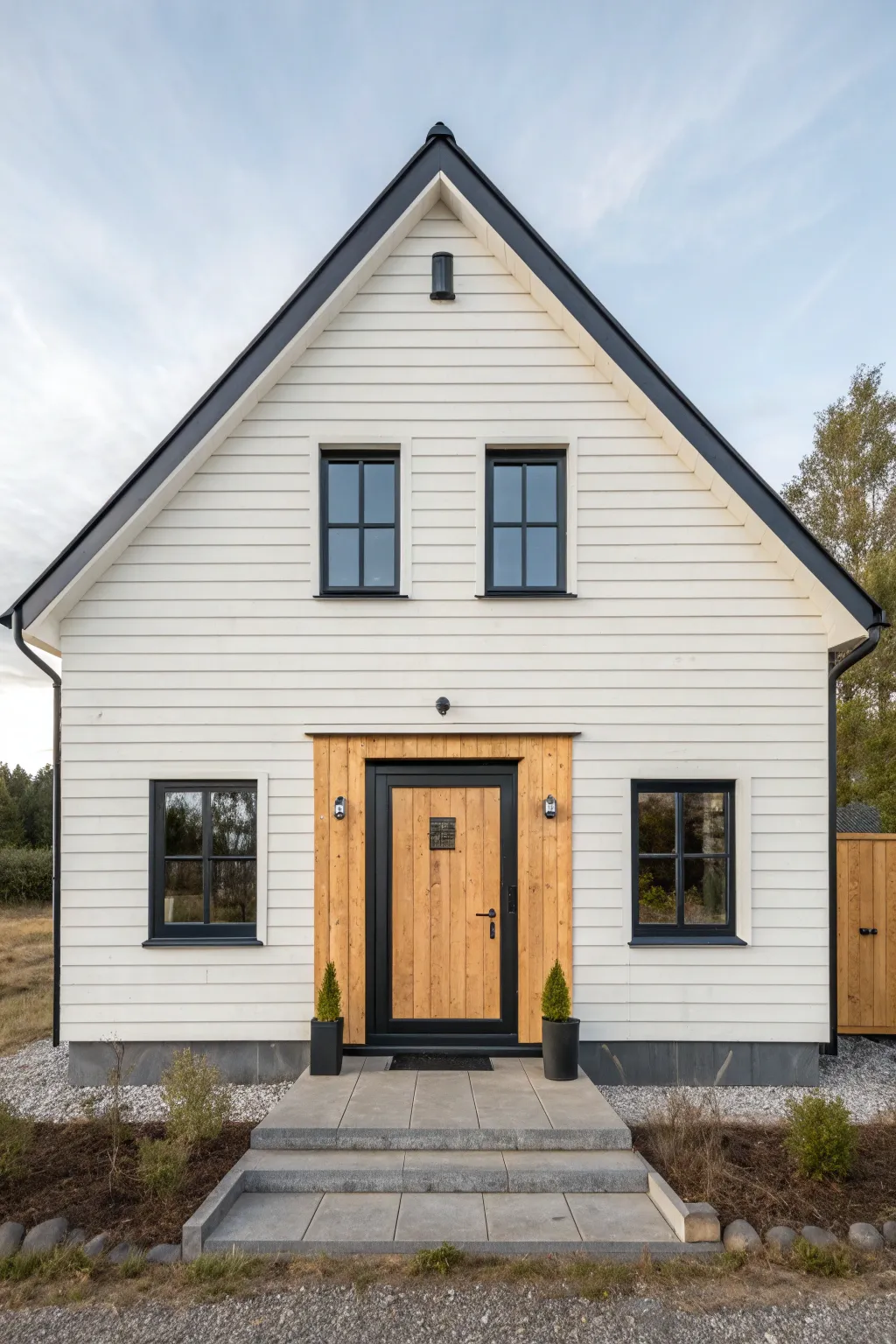 Two-tone siding: airy light above, bold dark base for a taller, grounded Scandinavian look.
