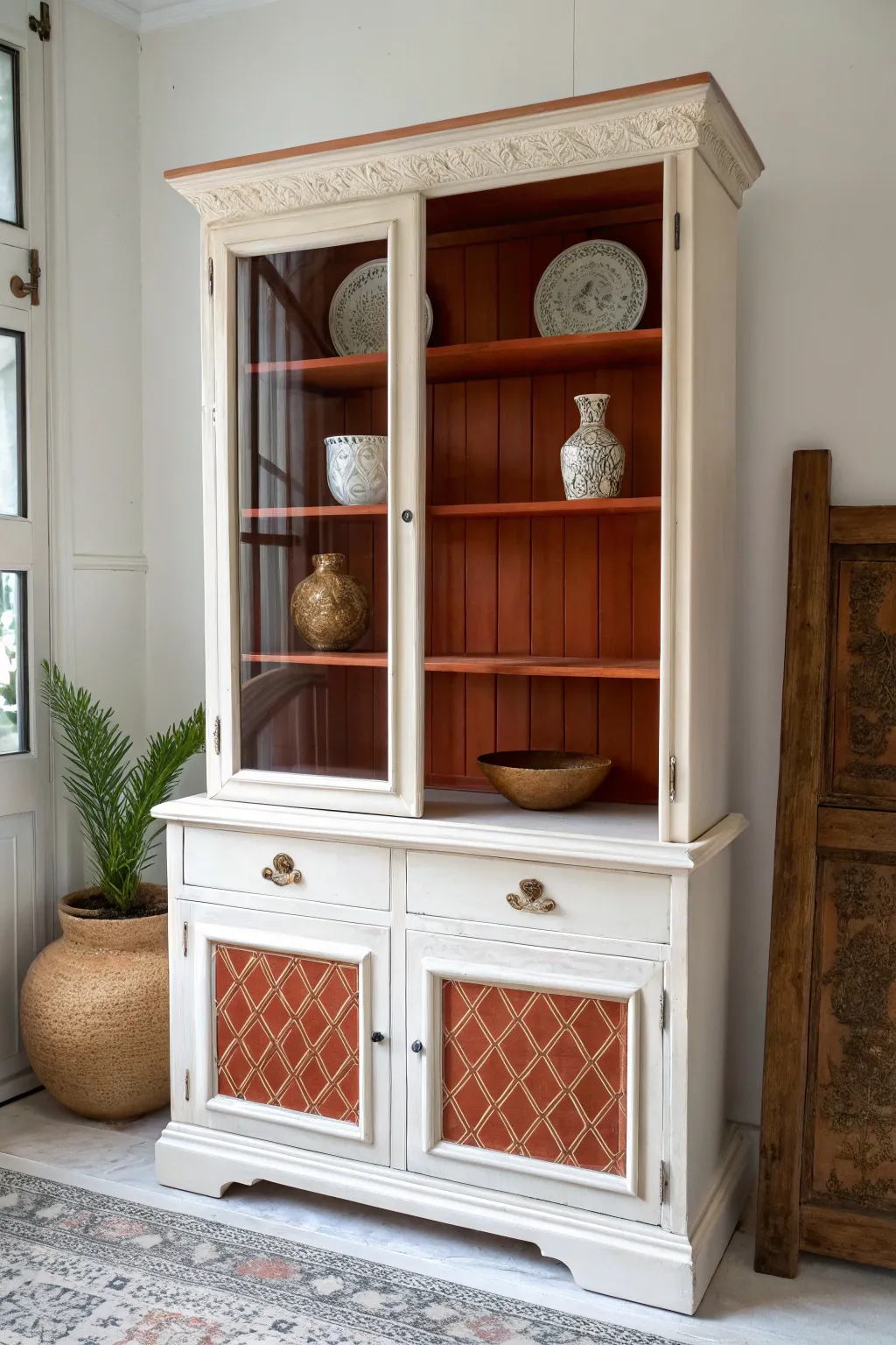 Mirror removed for a clean painted back, turning this hutch into a bold minimalist statement