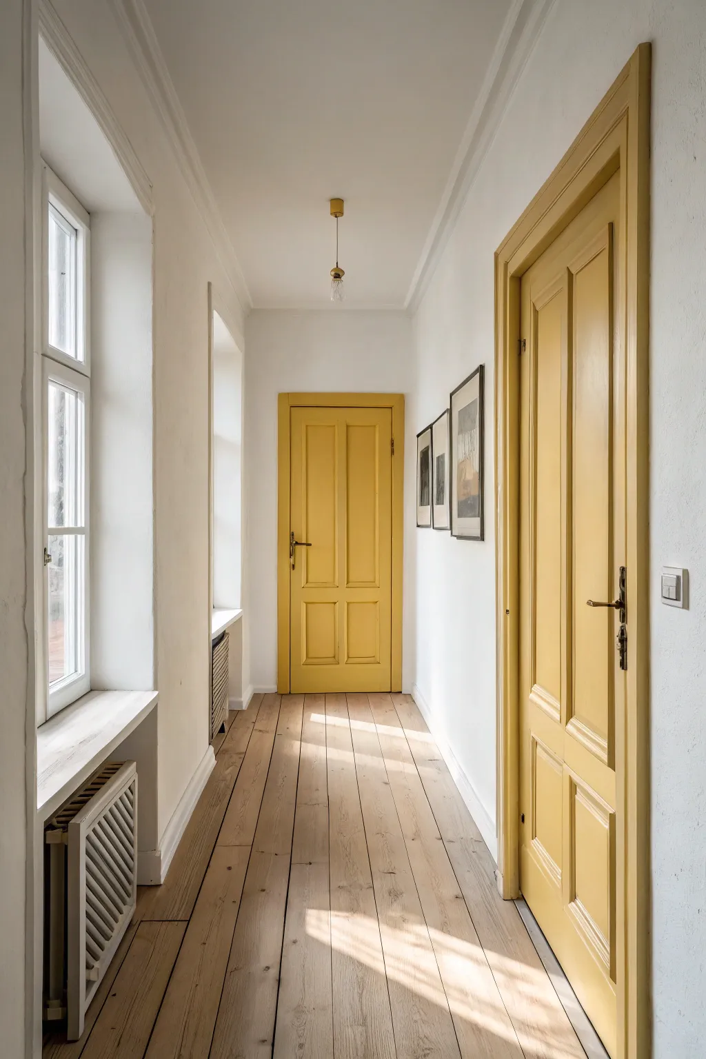 A sunny yellow door turns a quiet hallway into a bright, minimalist statement today.