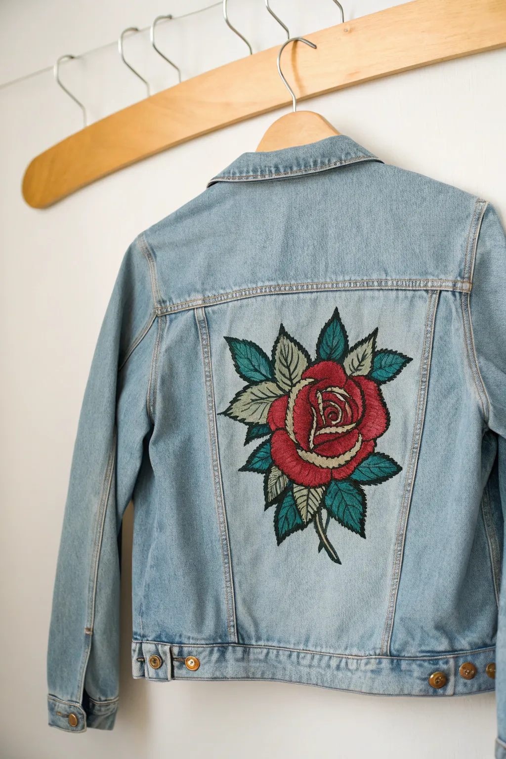 Vintage tattoo rose on a denim jacket back with an empty ribbon banner, ready for your word.