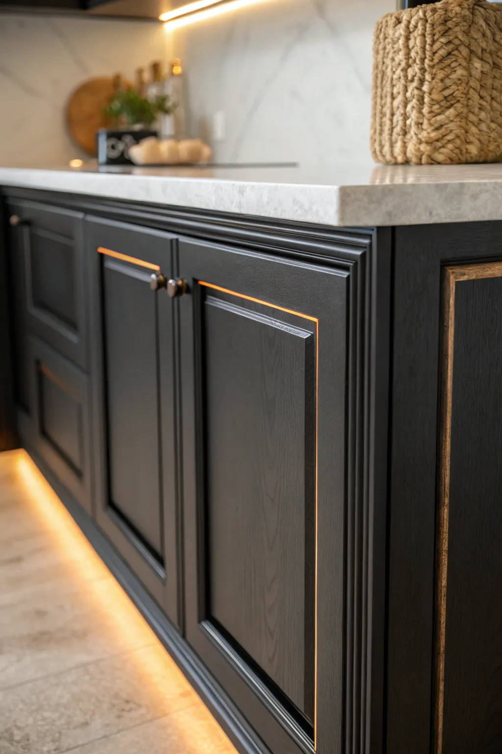 Velvety black cabinets glow with warm light, proving dark kitchens can feel instantly cozy.