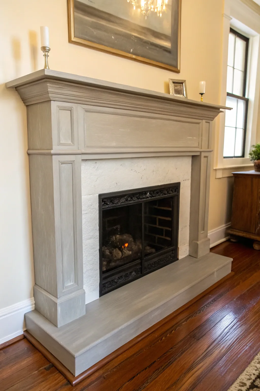 Soft greige mantel paint that blends with warm woods and neutral decor for easy styling