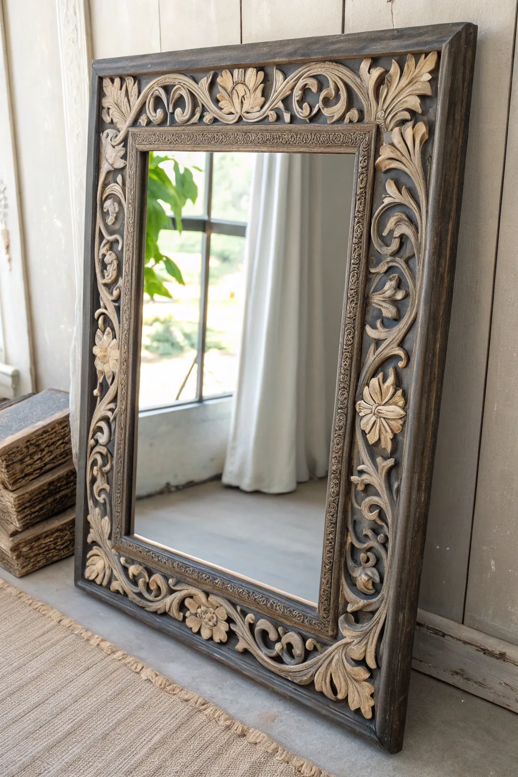 Dry-brushed ivory over charcoal to make carved scrollwork pop with rich, tactile contrast