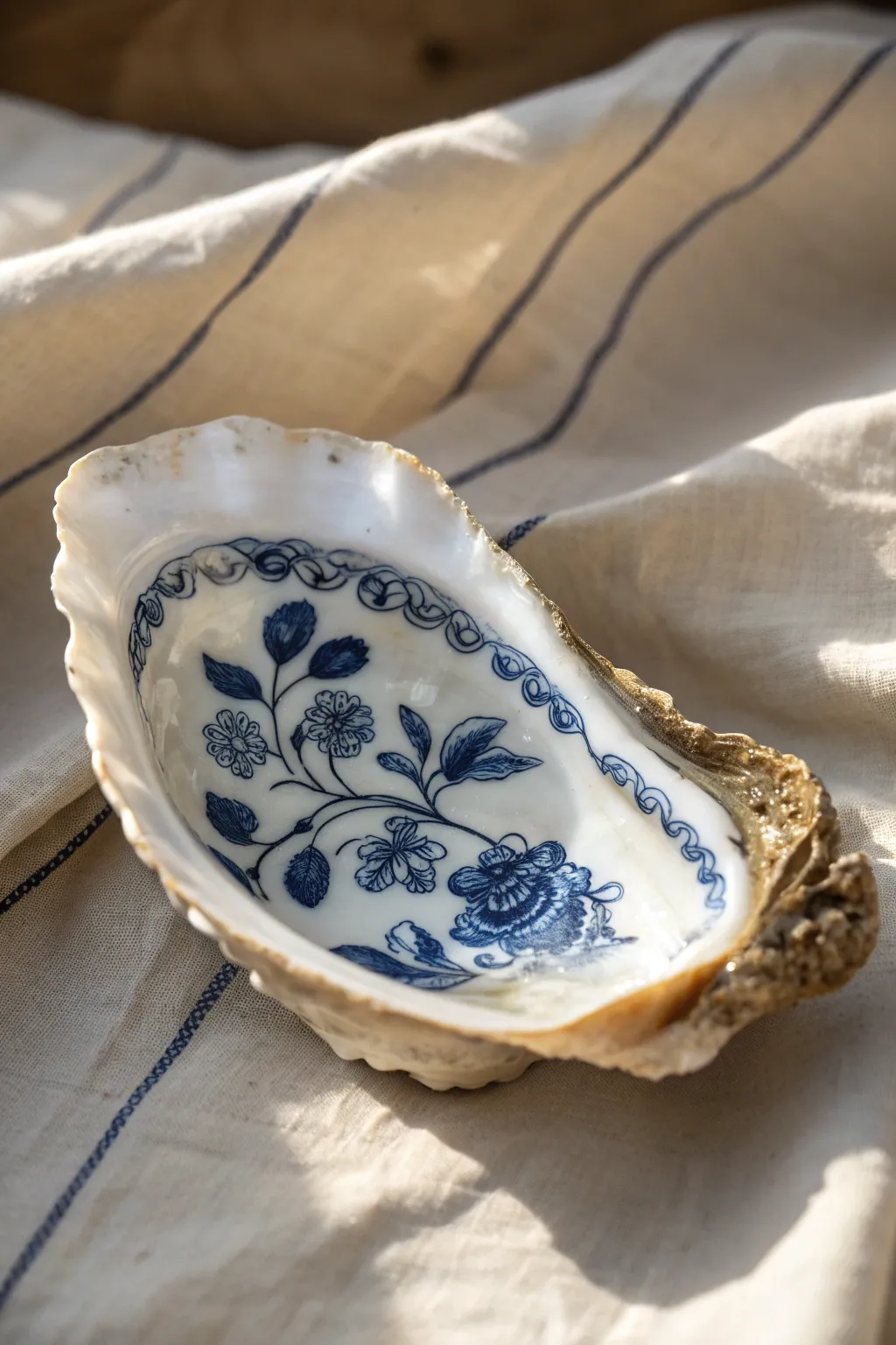 Blue-and-white painted oyster shell with crisp ceramic-inspired pattern on soft linen