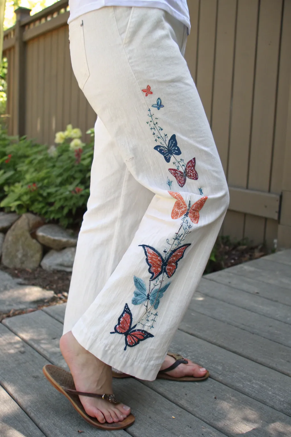 Minimalist painted pants with a butterfly trail across the calf in bold sunset hues.