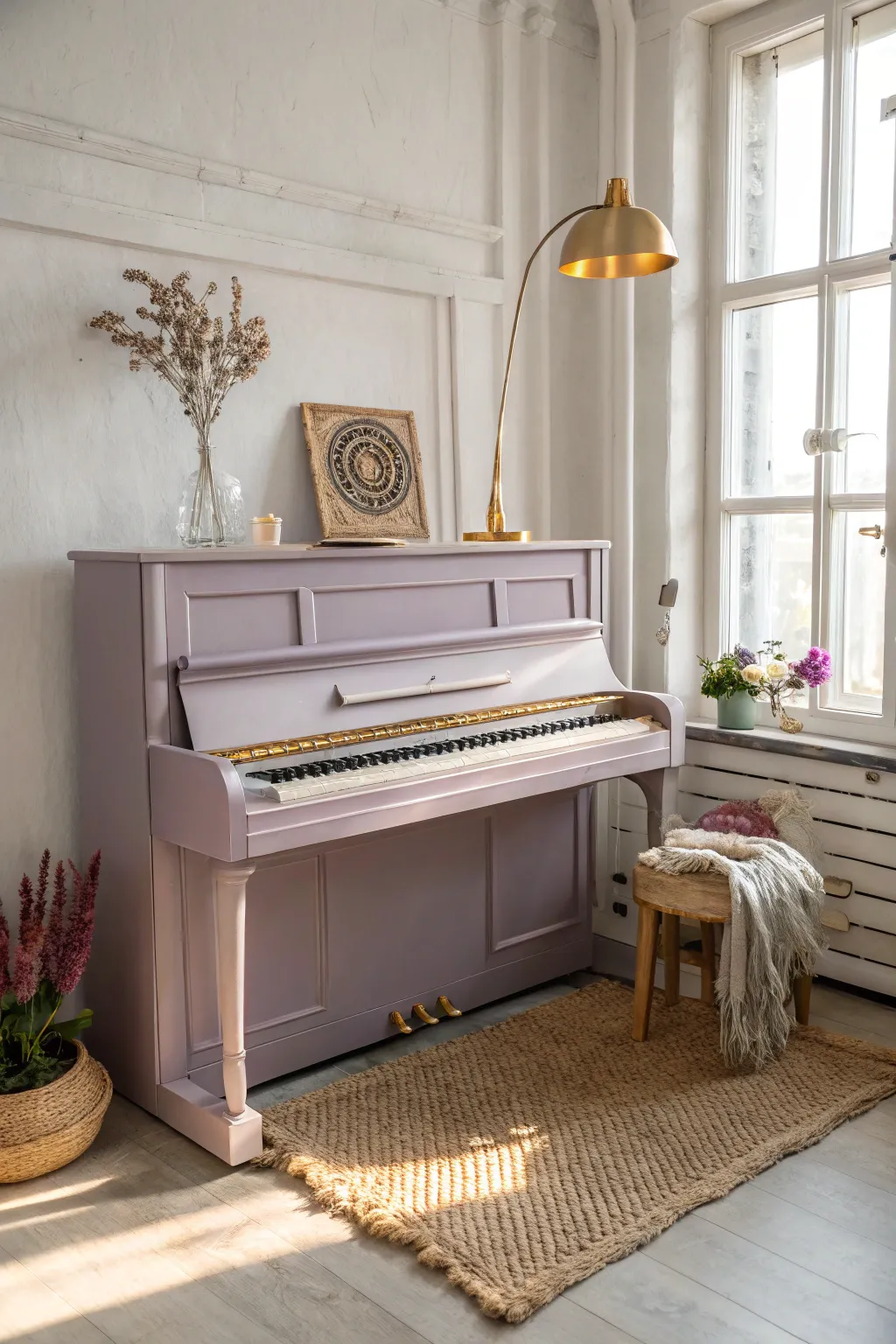 Dusty lavender piano transforms a minimalist studio nook into a warm, boho creative corner.
