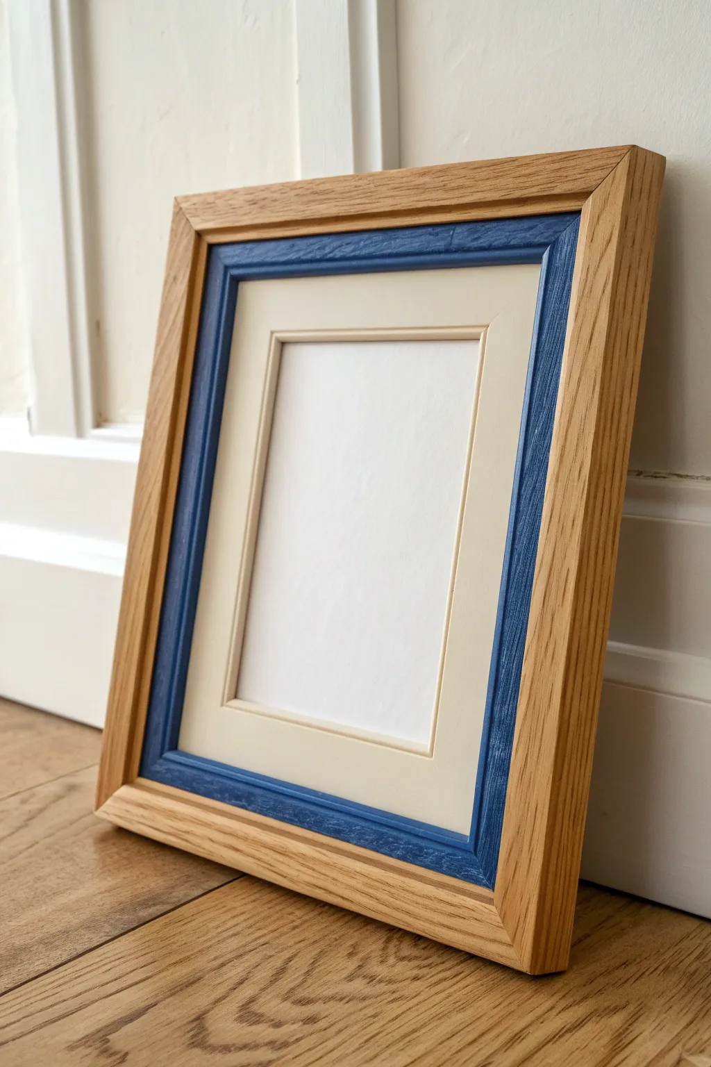 Paint dipped corners add a modern pop: natural wood frame with bold color and clean minimalist style.