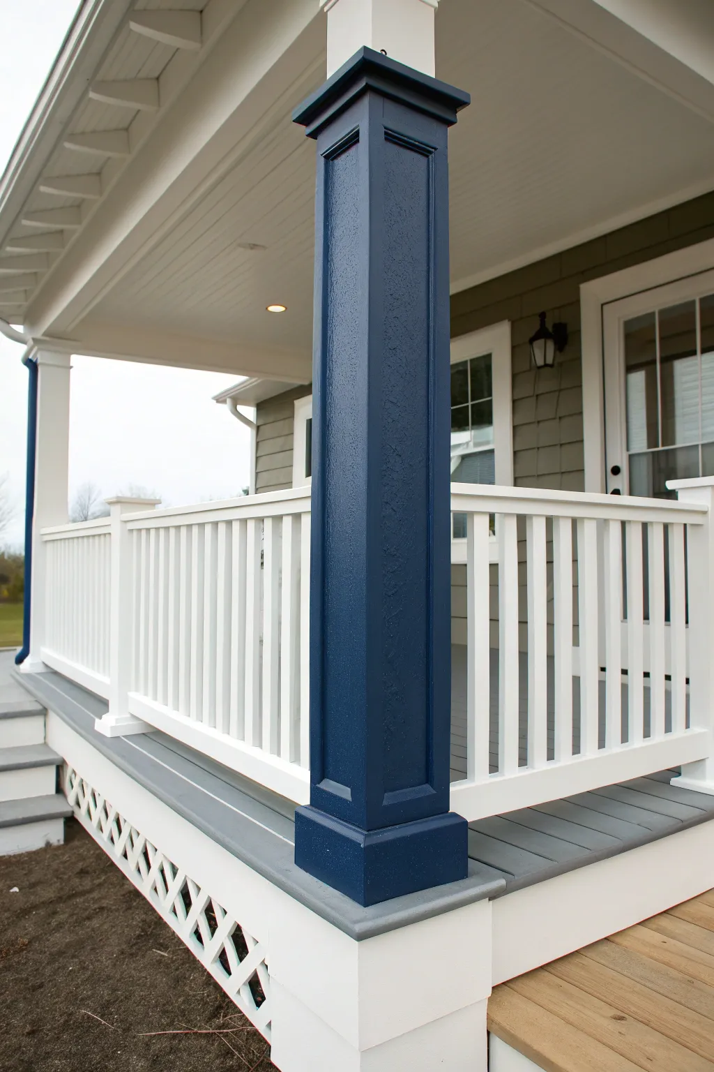 Two-tone porch column in bold indigo and warm white, crisp lines that make the details pop.