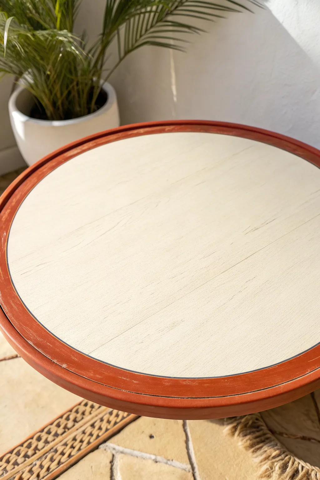 Clean border ring detail on a painted round table top, minimalist geometry with bold color pop