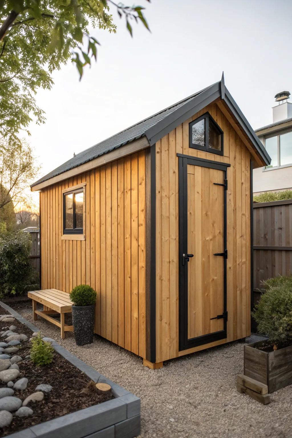 Warm wood-tone painted shed with dark trim, minimalist lines, and cozy natural textures.