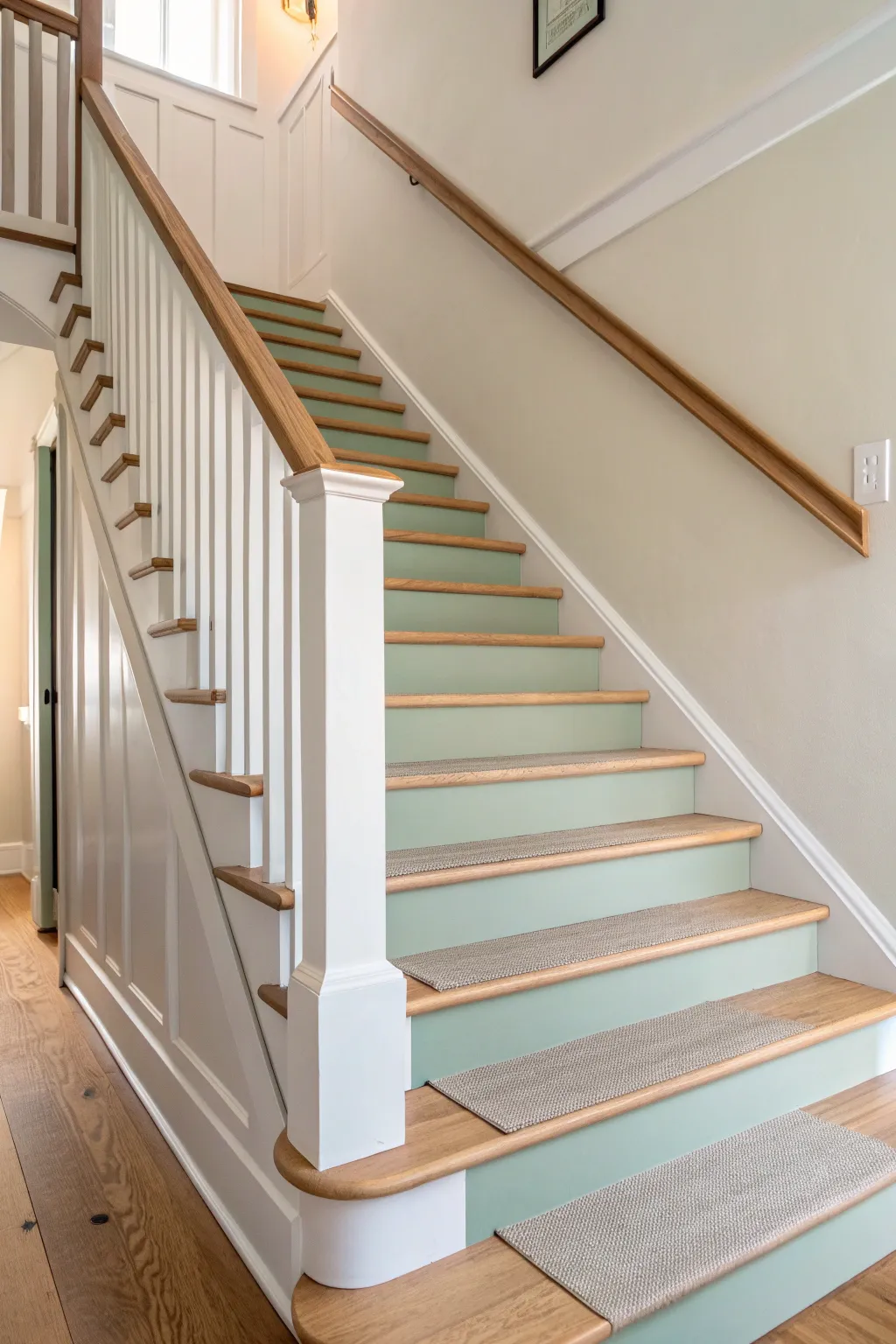 Muted color-block risers with a calm solid runner for a modern Scandinavian stair moment.